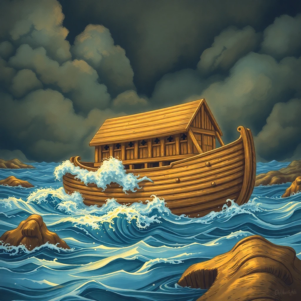 رسم توضيحي لسفينة نوح وسط الطوفان